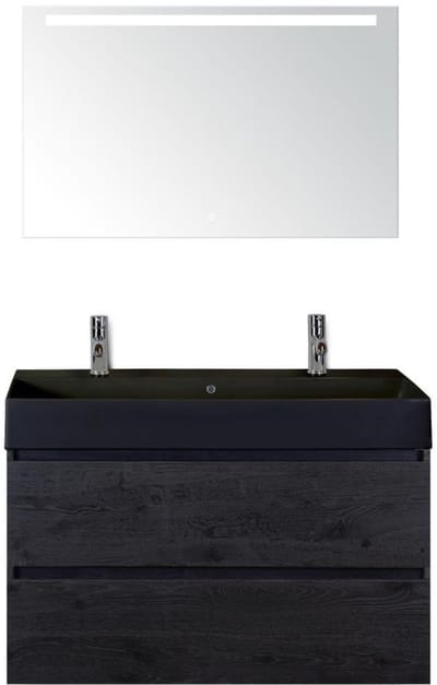 Maxx XL Badmeubelset 100 cm - Black Oak - Wastafel Kube Zwart 2 Kraangaten met LED Spiegel