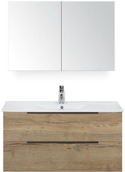 Seville Badmeubelset 100 cm - Natuur Eiken Edge Greep - Wastafel Enjoy met Spiegelkast