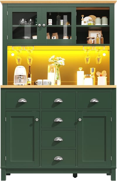 Buffetkast - 104 x 40 x 180 cm - Landelijke Stijl - LED en Bekerhouders - Hout - Groen