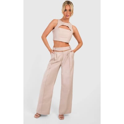 boohoo Dames Broek met uitgesneden detail | Light Beige | Maat: 36