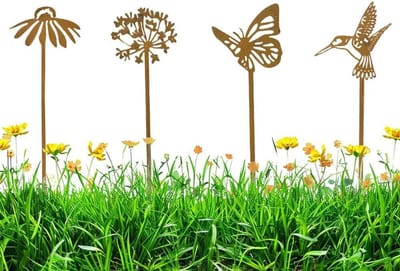 Tuindecoratie Staken - Bloemen Vlinder Kolibrie - Tuin Aankleden - Roest Afwerking - 36 cm - Roestkleur
