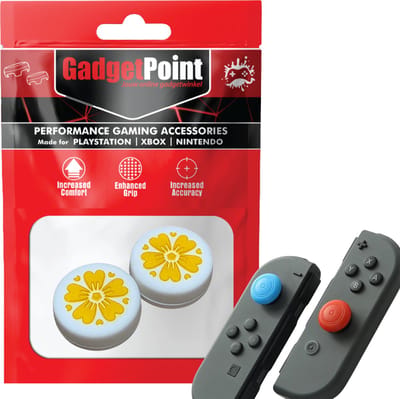Gadgetpoint - Thumb Grips voor Nintendo Switch Joy-Con Controllers - Gaming Thumbgrips - Performance Anti-Slip Thumbsticks - Bescherming Accessoires - Bloemetjes - Wit met Geel