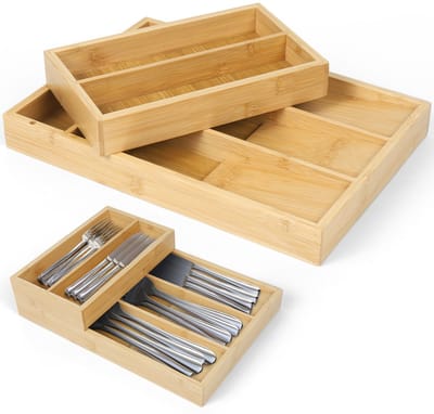 Dreamhigh® Bestekbak voor Laden van Bamboe - Ruimtebesparende Ladeorganizer voor Keuken met 6 Vakken - Lade-Inzet Keuken Naturel - 30 x 21 x 6,8 cm