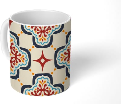 Mok - Koffiemok - Bloemen - Tegel - Vector - Patroon - Mokken - 350 ML - Beker - Koffiemokken - Theemok