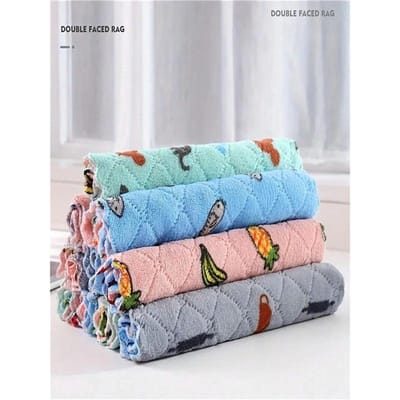 Chiffon à vaisselle, Velours corail imprimé dessin animé, Serviettes de nettoyage double face, Éponge à récurer, Nouveau chiffon de nettoyage imprimé pour cuisine 10Pcs