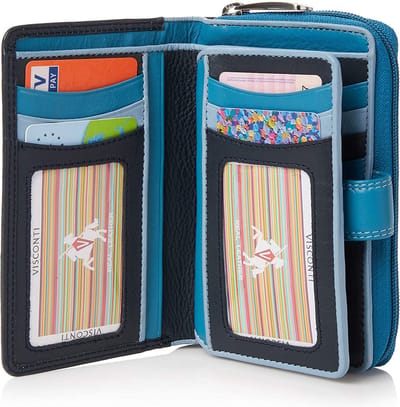 Visconti Leren Portemonnee - Dames Beugelportemonnee - RFID - Leer - 18 Pasjes - Colorado Collectie - Zwart/Blauw (CD22 NV)