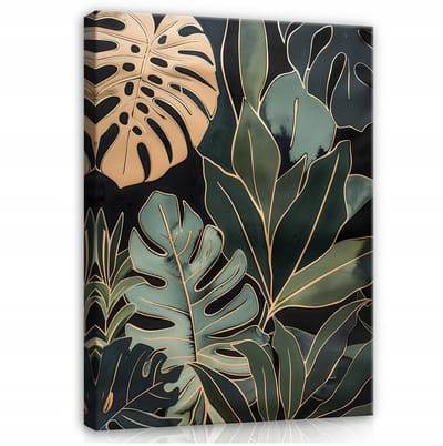 WALLARENA - Canvas schilderij - 100x70 cm - afbeelding van groene bladeren met gouden accenten voor slaapkamer en woonkamer