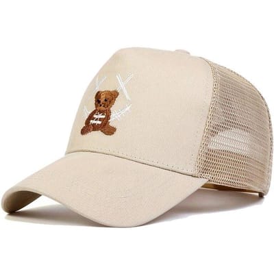 Unisex Xx Lachend Gezicht Beer Borduurwerk Baseball Net Petten Lente En Zomer Buiten Verstelbaar Casual Petten Zonnebrand Pet beige