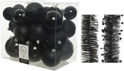 Kerstversiering kunststof kerstballen 6-8-10 cm met folieslingers pakket zwart van 28x stuks - Kerstboomversiering