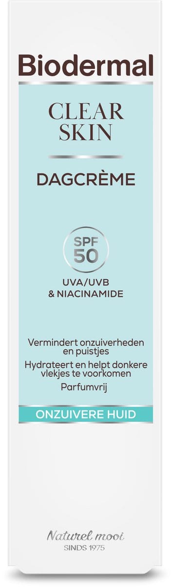 Biodermal Clear Skin Dagcreme SPF 50, - met UVA/UVB en Niacinamide, Vermindert onzuiverheden en puistjes, Hydrateert en helpt donkere vlekjes te voorkomen, Parfumvrij, voor Onzuivere huid