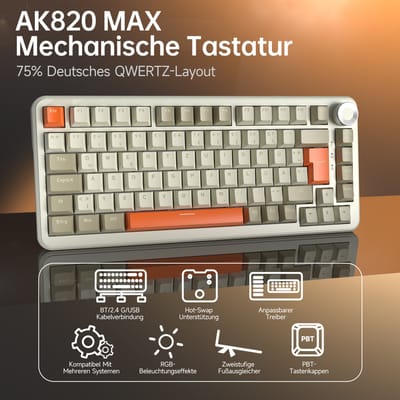 Duitse versie AJAZZ AK820 mechanisch gaming-toetsenbord, Duits toetsenbord, ISO-DE lay-out QWERTZ, hot-swappable volumeknop, cadeau voor de feestdagen