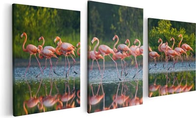 Artaza Canvas Schilderij Drieluik Kudde Flamingo's op het Water - 120x60 - Foto Op Canvas - Canvas Print