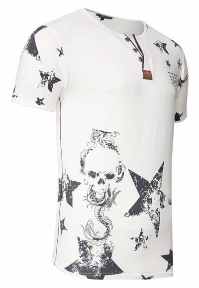 T-shirt met ronde hals en Henley-stijl, met opdrukken en knoopsluiting