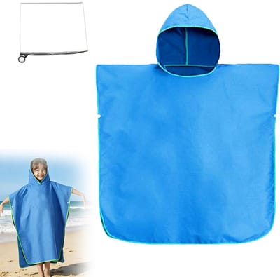 Hemelsblauwe microvezel-badhanddoek met capuchon voor kinderen – Absorberende strandponcho/badjas – Hemelsblauw – Microvezel – Standaardmaat 60 x 60 cm – Voor lichaamslengte 90–120 cm