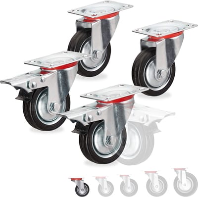 zwenkwielen set van 4 - Ø 75 mm - kogellager - draaglast 200 kg - met rem - zwart