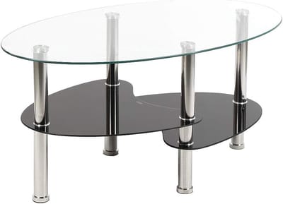 Ronde Salontafel met Gehard Glazen Blad en Zwarte Metalen Poten - Koffietafel met 2 Legplanken 90x50cm