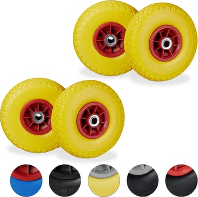 4x steekwagenwiel - 3.00-4 - rubberband - kogellager - 20 mm as - geel-rood