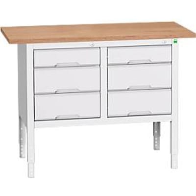 Bott verso box werkbank, multiplex legbord, 6 laden, B 1250 x D 600 x H 830 - 930 mm, RAL 7035 lichtgrijs