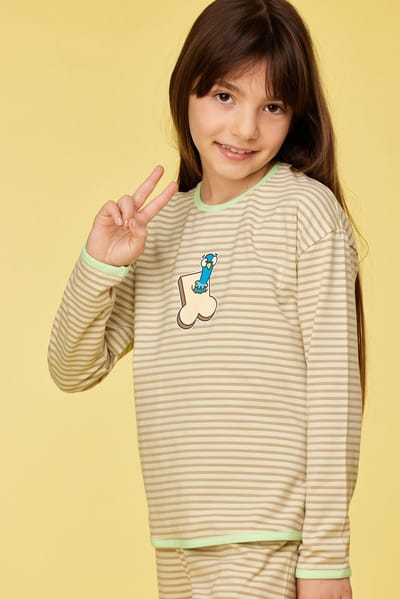 Pyjama meisjes woody groen beige streep