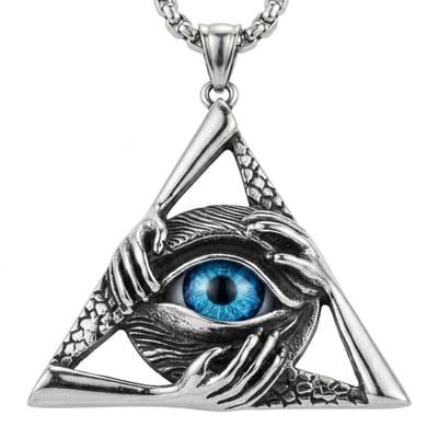 Zilverkleurige ketting met driehoekige ooghanger voor heren – fantasy stijl – blauw oog – symboolvormige hanger