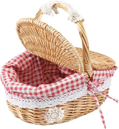 Famanu - Picknickmand Riet met Deksel, draagbare mand met handvat voor buitengebruik en boodschappen