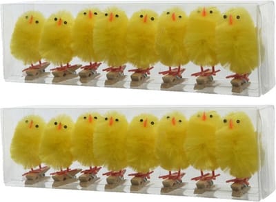Decoris Decoratie kuikentjes - 16x stuks - geel - op clip - 5,5 cm - Paasversiering / Paasdecoratie - Paaskuikentjes