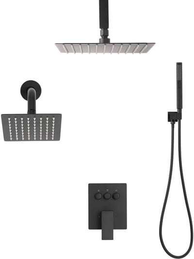 Douchekraanset met 10-Inch Plafondregendouche, 6-Inch Wandkop en 2-In-1 Handdouche. Uitgerust met Draaibare Dubbele Regenkop, 3 Functies, Messing Kraan en Matzwarte Afwerking.