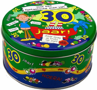 30 jaar snoeptrommel/voorraadtrommel voor man - 14 x 7,5 cm - 30e verjaardag - cadeau