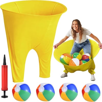 Oma's Broek Buitenspel - Met 4 Stuiterballen - Reuze Grote Broek - Gigantisch Werpspel voor in de Tuin - Leuk Groepsspel voor Volwassenen - Familiespel - Actiespel - Hilarisch Estafettespel voor Buitenfeestjes - Voor Familiebijeenkomsten - Geel