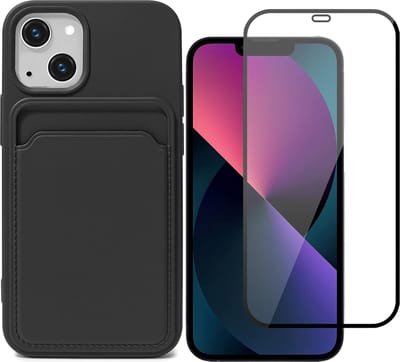 Hoesje Pasjeshouder geschikt voor iPhone 13 Zwart - Siliconen Case Back Cover + Full Screen Protector Glas Screenprotector