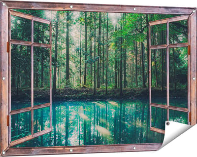 Gards Tuinposter Doorkijk Bos bij een Groen Meer - 120x80 cm - Tuindoek - Tuindecoratie - Wanddecoratie buiten - Tuinschilderij