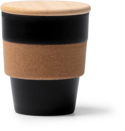 2 stuks zwarte PP beker 350 ml met kurkband en bamboe deksel model Lovren