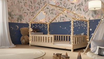 Kinderbed 160x80 cm – Natuurlijk Houten Montessori Cabin Bed met Veiligheidsbarrière & In Hoogte Verstelbare Poten – Casa Velluto Peuterbed Jungle Thema voor Jongens en Meisjes – Massief Dennenhout, Veilig en Duurzaam
