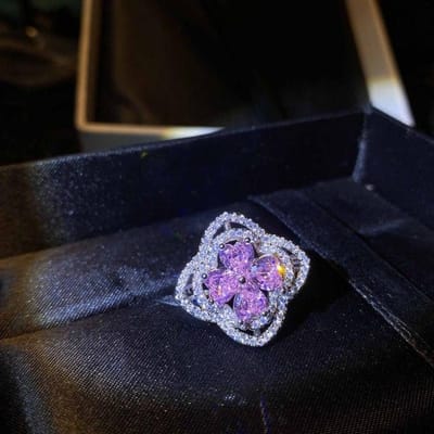 Bague de luxe en argent 925, diamant complet, aigue-marine, trèfle à quatre feuilles, haute teneur en carbone, cœur, cadeau d'anniversaire, nouvelle collection Resizable rose