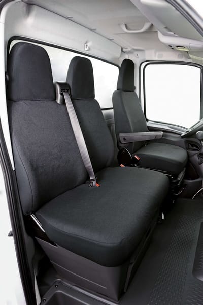 Walser Autostoelhoes Transporter Fit van stof antraciet geschikt voor Iveco Daily IV - 1 enkele zitplaats voorin (uitsparing armleuning) & - dubbele zitbank voorin