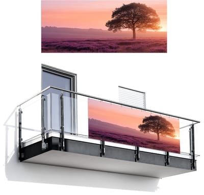 Balkonscherm 300x120 cm - Balkonposter Boom - Heide - Zonsopgang - Balkon scherm decoratie - Balkonschermen - Balkondoek zonnescherm