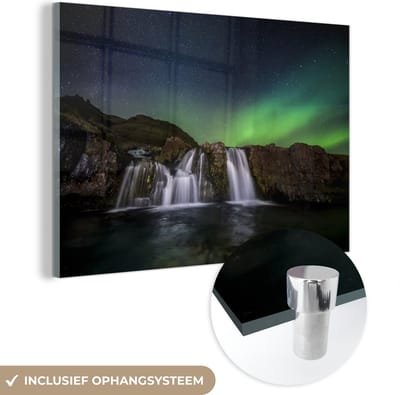 MuchoWow® Glasschilderij 60x40 cm - Schilderij acrylglas - Noorderlicht - Waterval - IJsland - Natuur - Foto op glas - Schilderijen