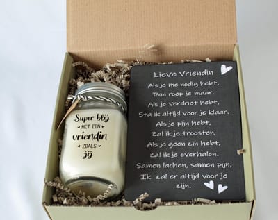 Minibox Super vriendin - cadeau vriendin - geurkaars - tekstbord