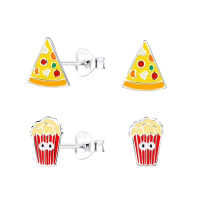 Joy|S - Zilveren pizza en popcorn oorbellen - set 2 paar - oorknoppen - kinderoorbellen
