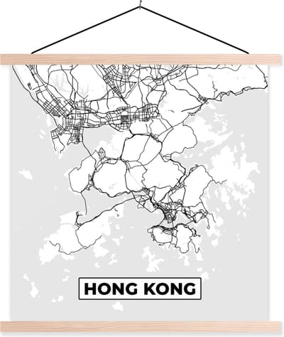 Posterhanger incl. Poster 40x40 cm - Schoolplaat - Hong Kong - Stadskaart - Zwart Wit - Plattegrond - Kaart - Textielposter - Blanke latten - Stadskaart