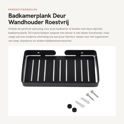 Dailygoods- Badkamerplank Roestvrij Staal 304 - Wandhouder - Zeeprek met Afvoer - Opbergrek - Zwart - 23x12x2,5 cm