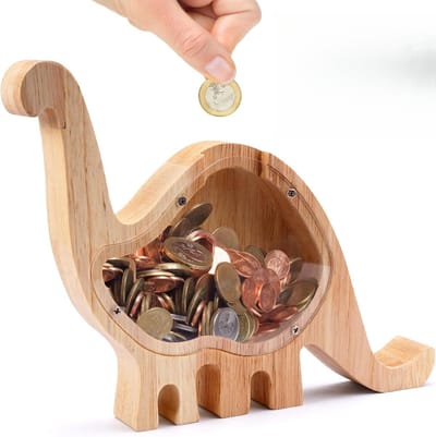 Gepersonaliseerde Houten Spaarpot, Transparant Acryl Dier Spaarpot Hout, Afneembare Spaarpot voor Kinderen, voor Jongens en Meisjes, Decoratie, Verjaardagscadeau, Schattige Diervorm (Langhalzige draak）