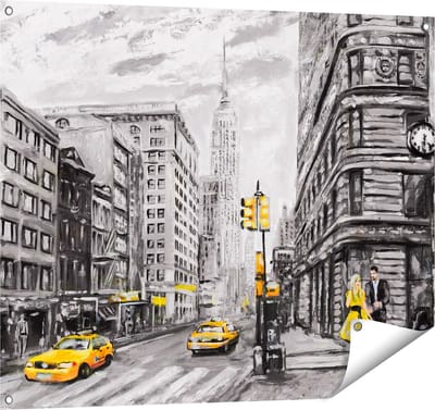 Gards Tuinposter Geschilderde New York Tekening - Zwart Wit - 100x80 cm - Tuindoek - Tuindecoratie - Wanddecoratie buiten - Tuinschilderij