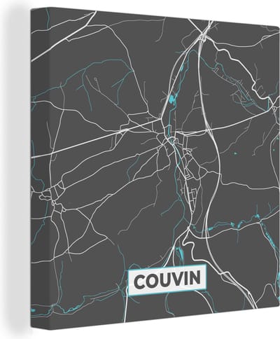 Canvas Schilderij België – Couvin – Stadskaart – Kaart – Blauw – Plattegrond - 20x20 cm - Wanddecoratie