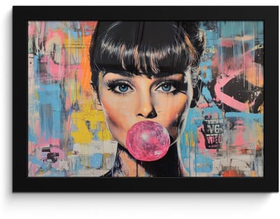 Poster in lijst - Fotolijst 30x20 cm - Posters - Kauwgom - Vrouw - Penseelstreken - Modern - Posterlijst zwart - Decoratie - Wanddecoratie woonkamer - Muurdecoratie slaapkamer