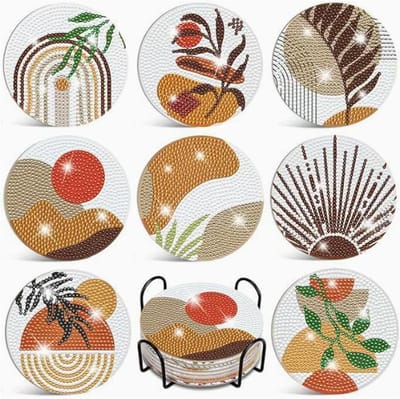 Onderzetters voor diamantschilderen - 8 stuks met houder, DIY kunstonderzetters voor creativiteit, abstracte plantendiamanten en cadeau voor concentratie verbetering
