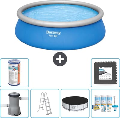 Bestway Rond Opblaasbaar Fast Set Zwembad - 457 x 122 cm - Blauw - Inclusief Pomp - Ladder Afdekzeil - Onderhoudspakket - Filter - Vloertegels