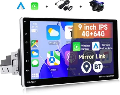 Boscer 1Din Autoradio - Android 15 - Apple Carplay & Android Auto (Draadloos) - 4+64GB - 9 Inch IPS HD Verstelbaar Touchscreen - GPS Navigatiesysteem - Bluetooth, USB, WIFI & MP5 - HD Achteruitrijcamera & Microfoon