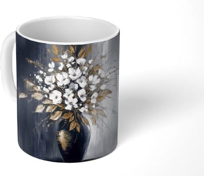 Mok - Koffiemok - Bloemen - Wit - Vaas - Abstract - Mokken - 350 ML - Beker - Koffiemokken - Theemok