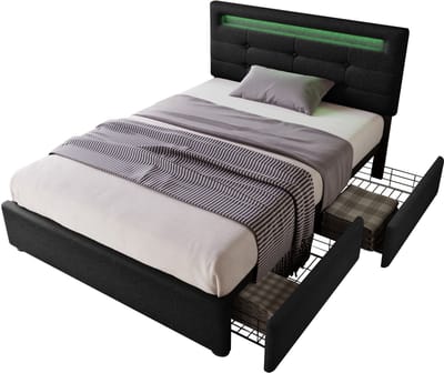 MIVRAY Gestoffeerd Bed 90x200cm - Eenpersoonsbed Met Led Verlichting En 2 Lades - Met Verstelbaar Hoofdbord - Linnen - Zwart - Zonder Matras